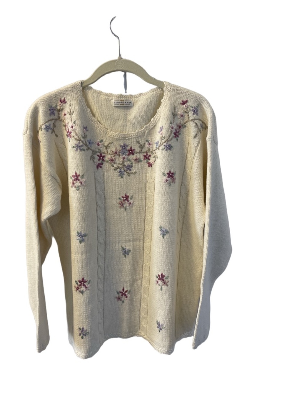 Vintage Yarnworks Cream Floral Embroidered Knit Sweater Sz L See Photos Sizing
